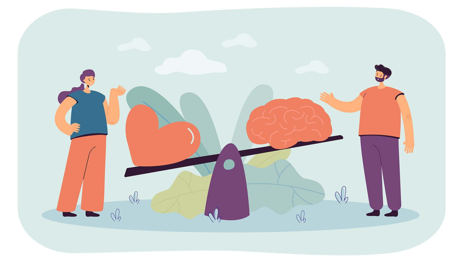 Two people comparing logic and love with seesaw isolated flat vector illustration. Cartoon creative scene with brain vs heart. Emotional instincts or intuition and logic balance concept